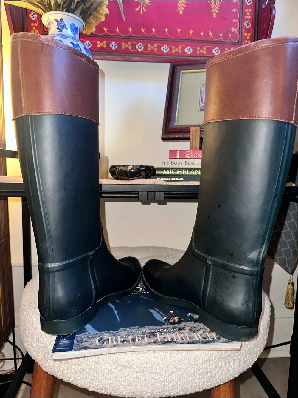 Tory Burch Black Rubber Rain Boots with Brown Logo Cuff